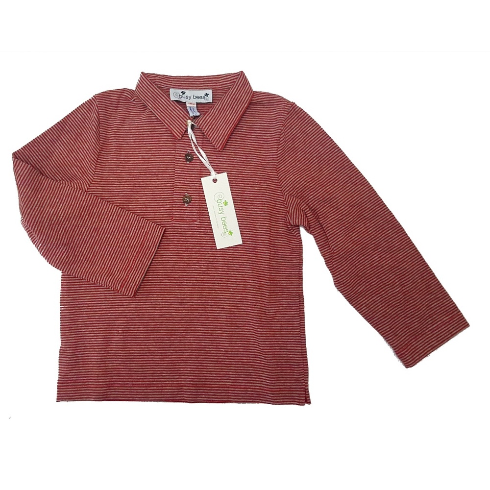Busy Bees Polo red and grey stripe long sleeve 18M